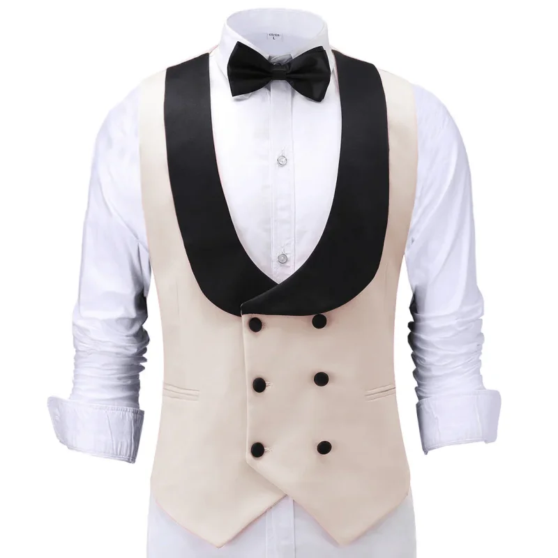 Men Vest Beige With Black Lapel Double Button Waistcoat For Banquet Birthday Wedding Business Work Formal Set Men Suit Vest