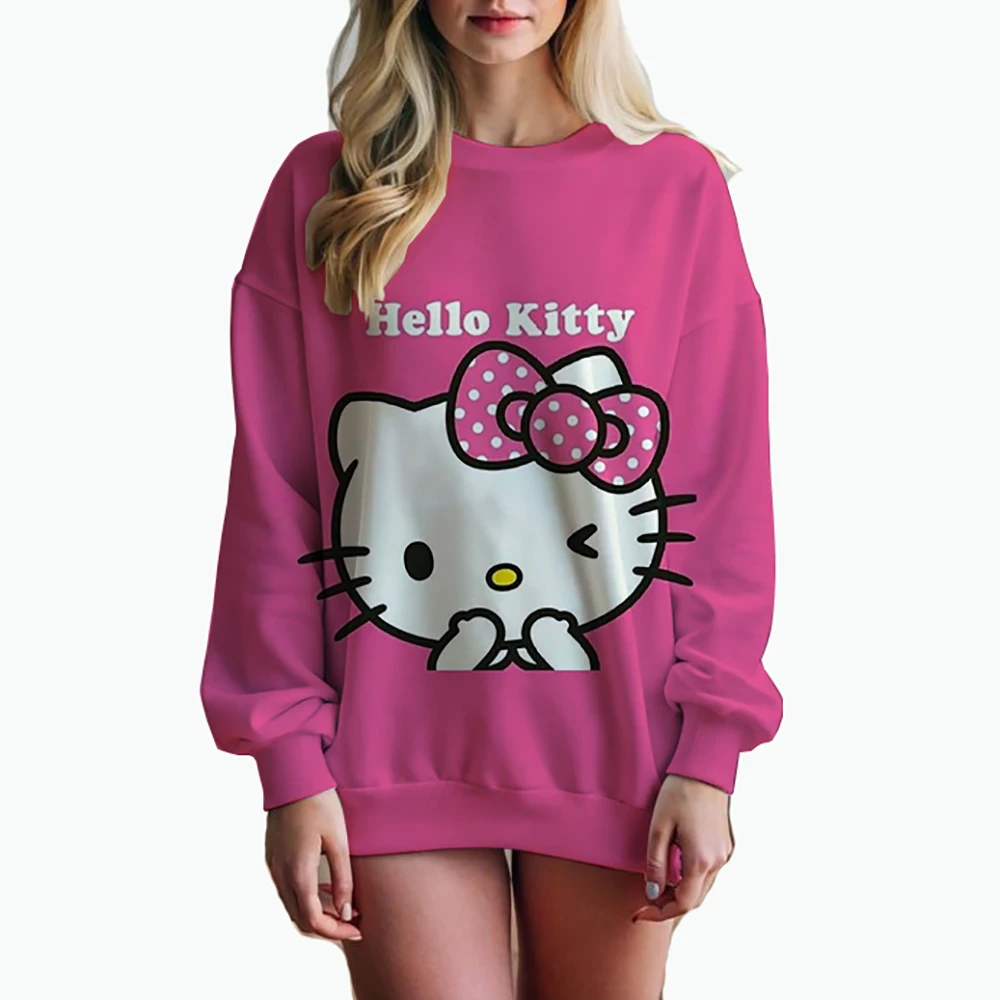 Women\'s Hello Kitty Printed Sweatshirt, High Street Women\'s Hoodie, Y2K Pattern Clothing, Casual Round Neck Sweater