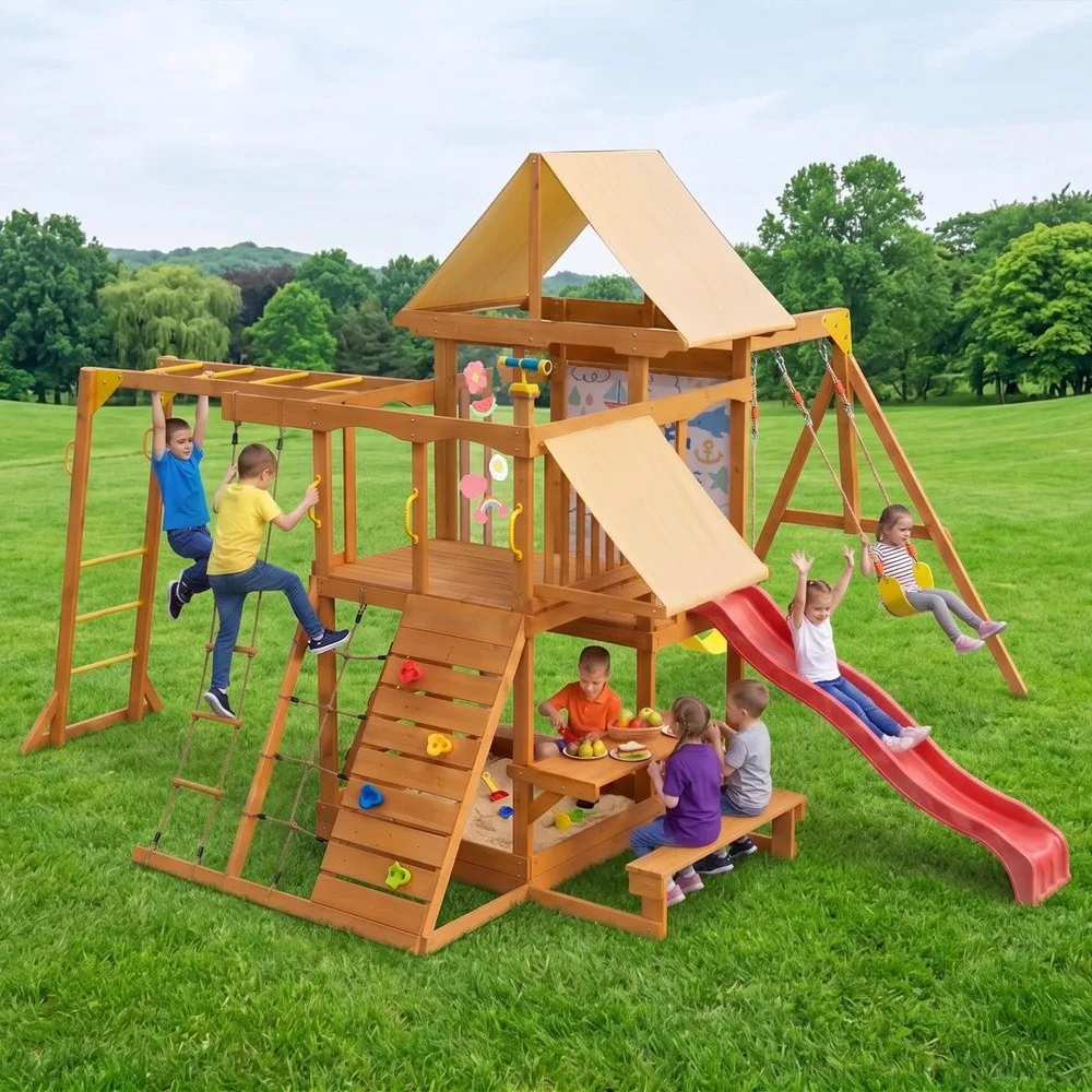Wooden Swing Sets for Backyard Outdoor Playset with Climbing System