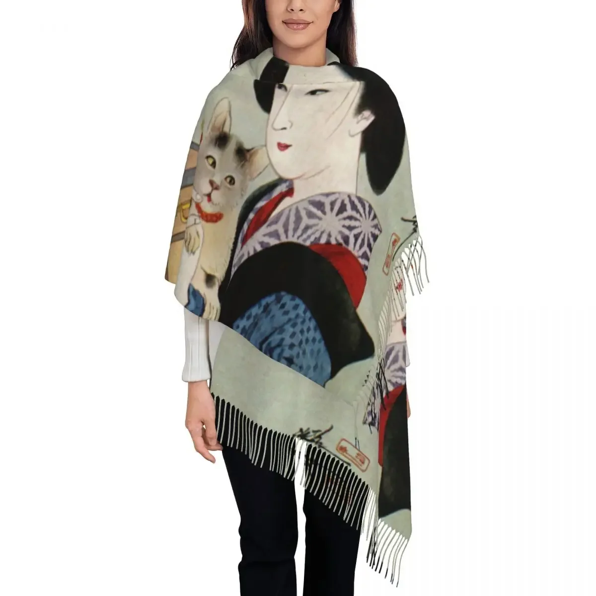 Custom Print Japanese Geisha And Her Lucky Cat Scarf Women Men Winter Fall Warm Scarves Shawls Wraps