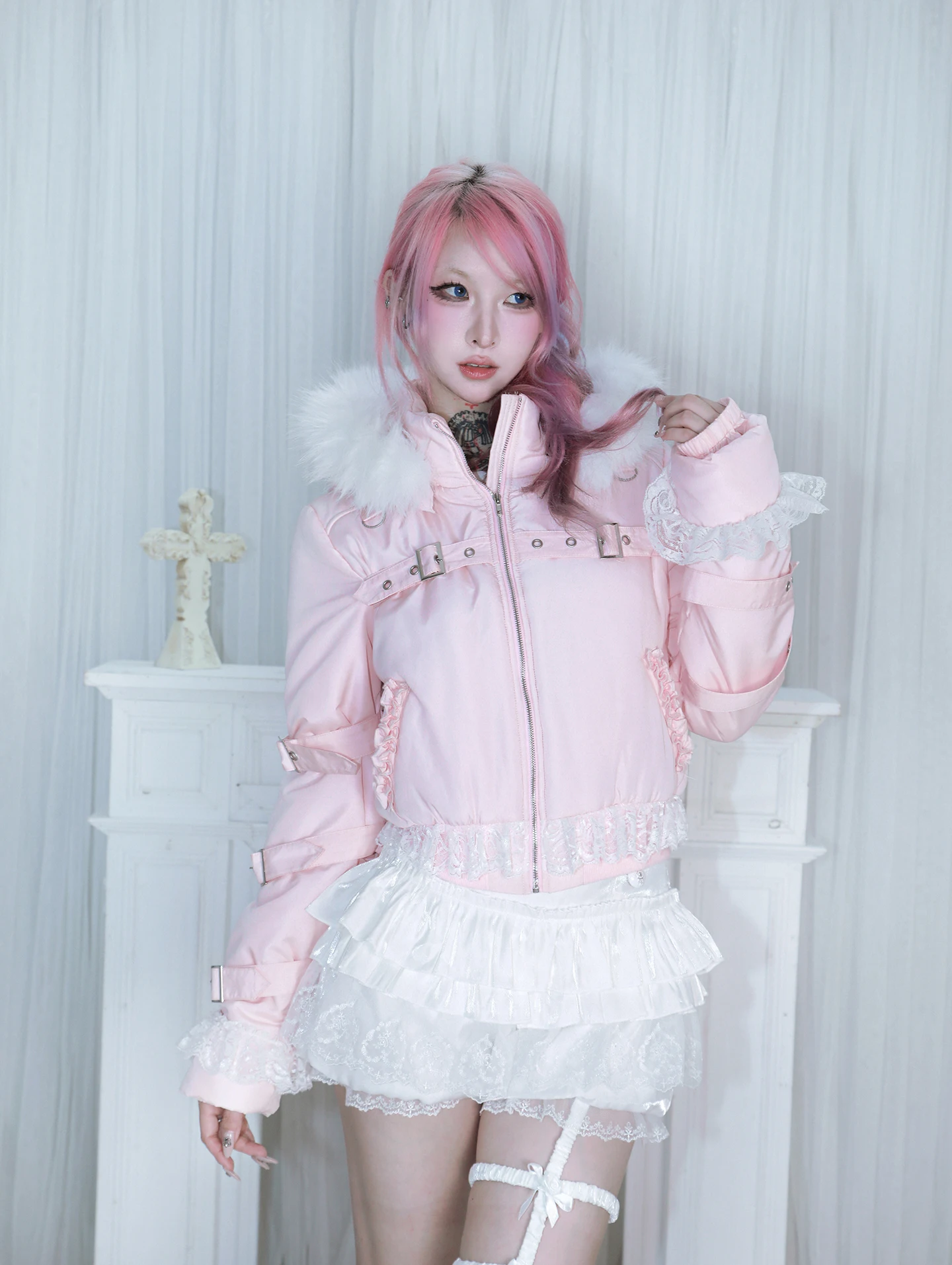 

HBreaker Origina Design Removable Hat Pink Punk Jacket Winter Furry Kawaii Cute Girls Short Lace Patch Cotton Quilted Coats