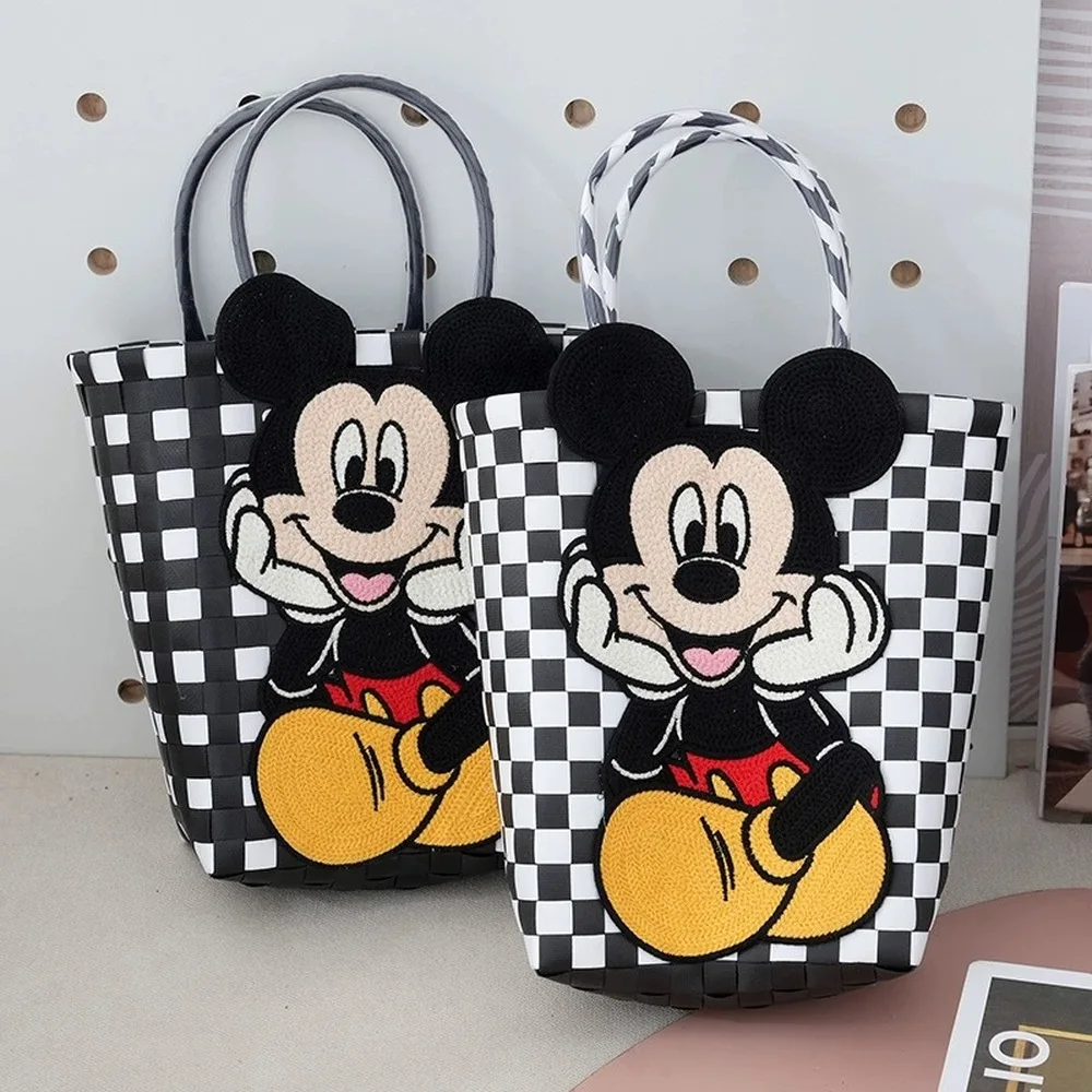 Kawaii Anime Mickey Minnie Figure Basket Woven Bag Ladies Handbag Holiday Leisure Joker Beach Handbag Girl Toy Festival Gift