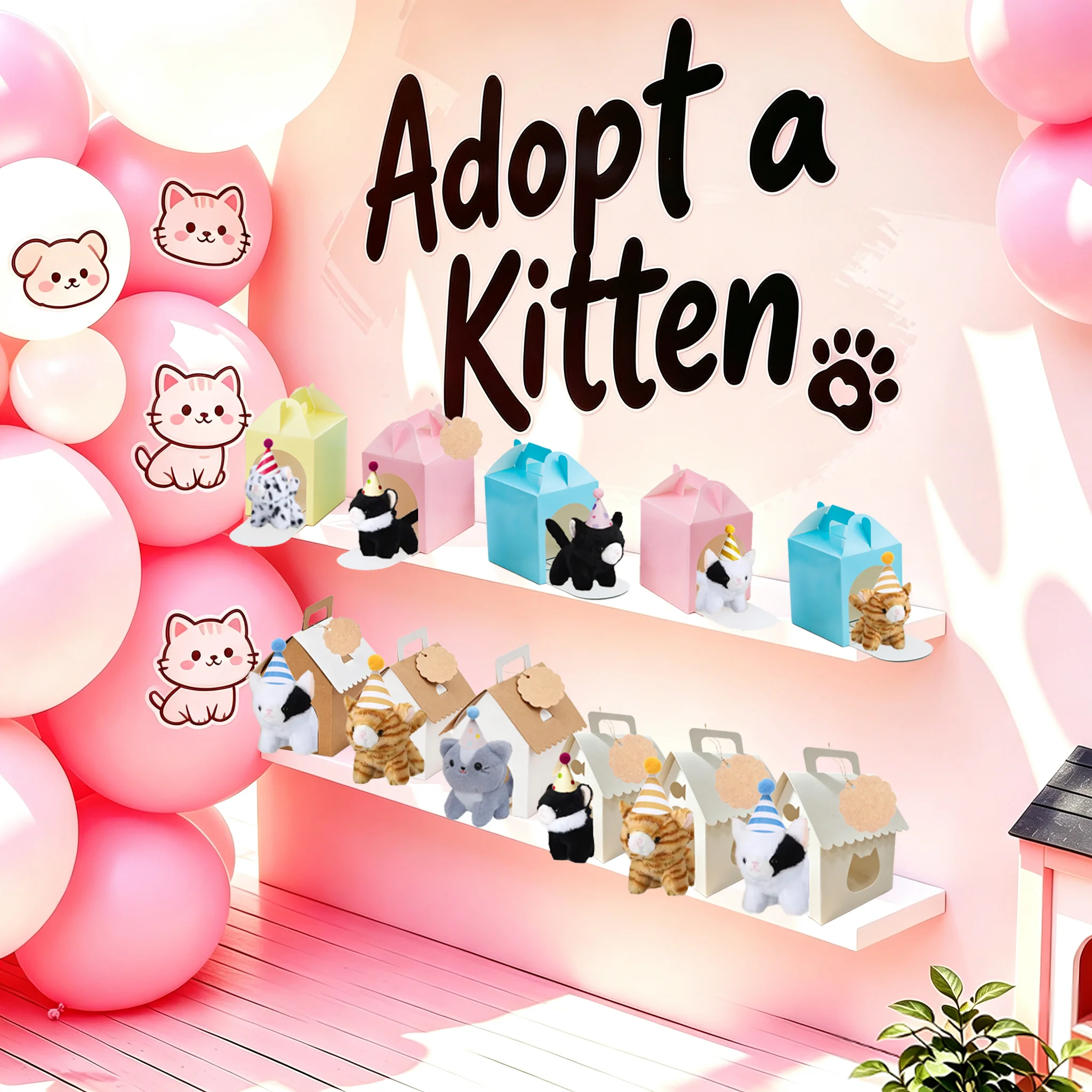 6‑48Set Plush Kitten Cat Stuffed Animals Adopt a Cat Party Favors Birthday Pet Adoption Party Gift with Hats Adoption Boxes Card
