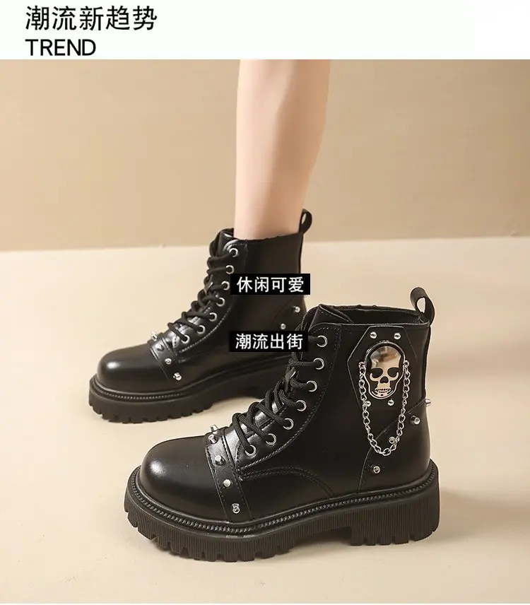 Frauen Punk Stiefeletten Plattform Schnalle Design Damen Stiefel Schnüren Blockabsatz Schuhe Metall Dekoration Casual Outdoor Stiefel 42 – Detail 6