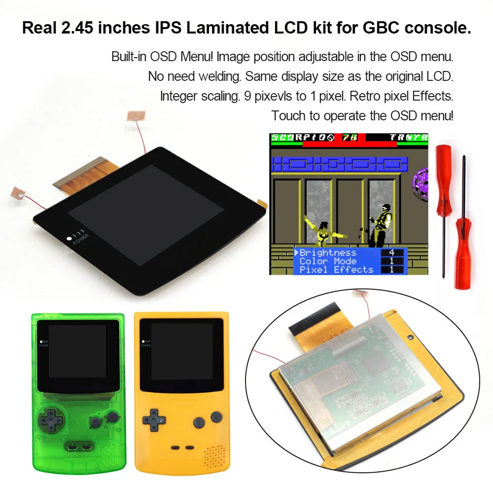 

2.45 Inch GBC IPS All-in-one Laminated LCD Screen Kit Support pixel Display OSD Menu Easy Installation W/Shell For Gameboy Color