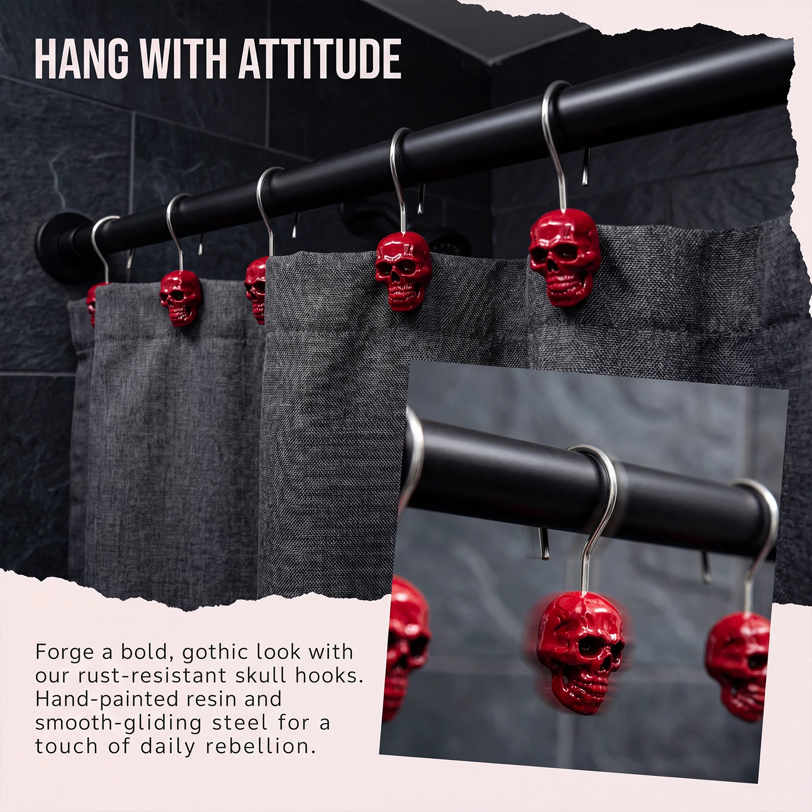 Gothic Skull Ring - 12Pcs Red Skull Shower Curtain Hooks,