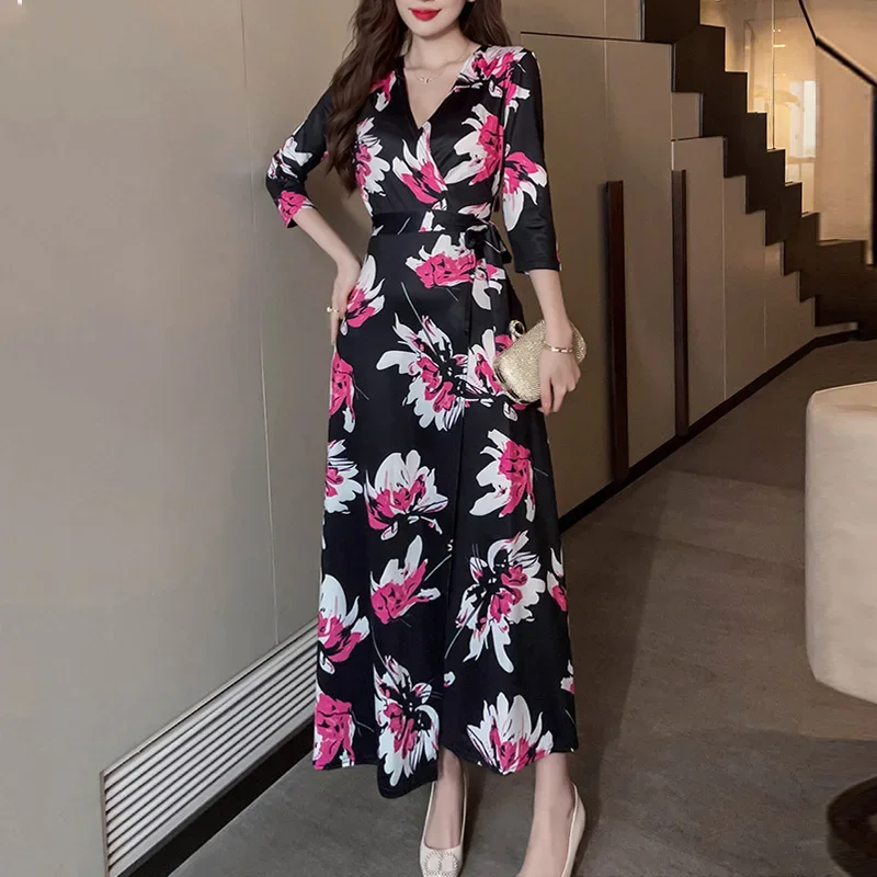 

Elegant Floral Print Belt Beachwear Dresses Summer 2023 New Half Sleeve V-Neck Loose Midi Long Wrap Dress Women's Clothing