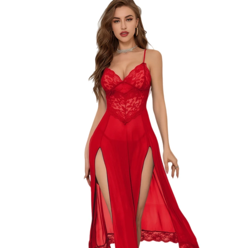 섹시한 롱 레이스 나이트가운 시스루 메쉬 란제리 세트 사이드 슬릿 에로틱 슬립웨어 여성 유혹적인 홈 드레스 투명 수트