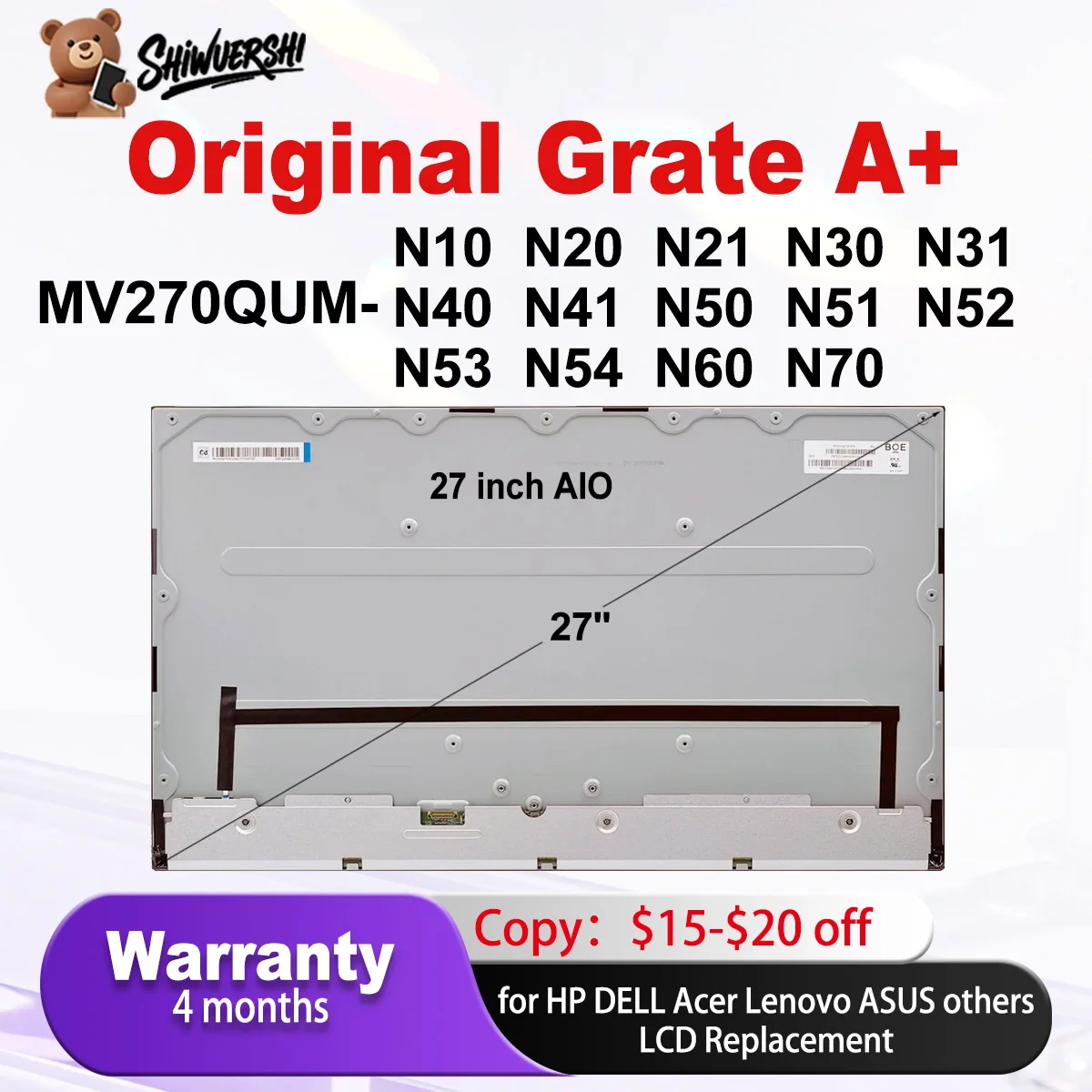 الأصلي الجديد A + 27 ''شاشة LCD MV270QUM N10 N20 N21 N30 N31 N40 N50 N51 N52 N53 N54 N60 N70 UHD IPS عرض لوحة استبدال #1