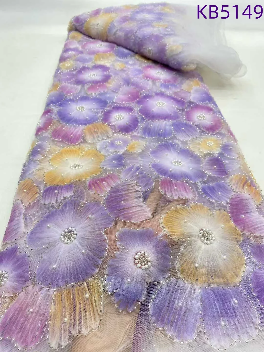 3D Flora Pearls Beaded French Mesh Lace Fabrics Nigerian Lace Fabrics 2025 Green Sequence Tulle Lace Fabrics For Sewing KB5149