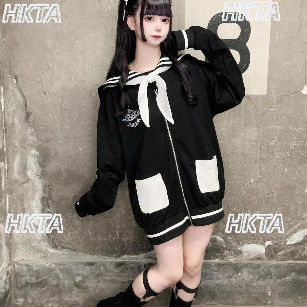 Subcultura japonesa universidad bordado cuello marinero manga larga Color contrastante sudaderas casuales sueltas chaqueta mujer abrigo largo