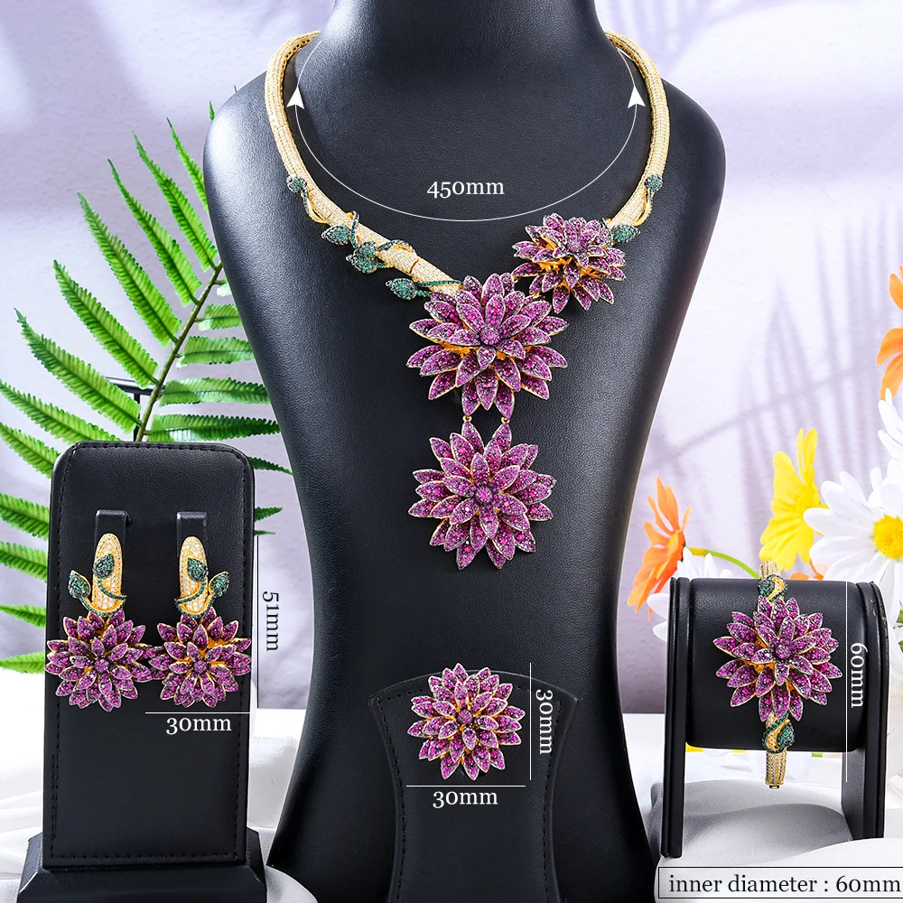 Missvikki High Quality Luxury 4PCS BIG Bloom Jewelry Sets Dubai Style Big Necklace Bangle Earrings Ring Jewelry Set Charm Female