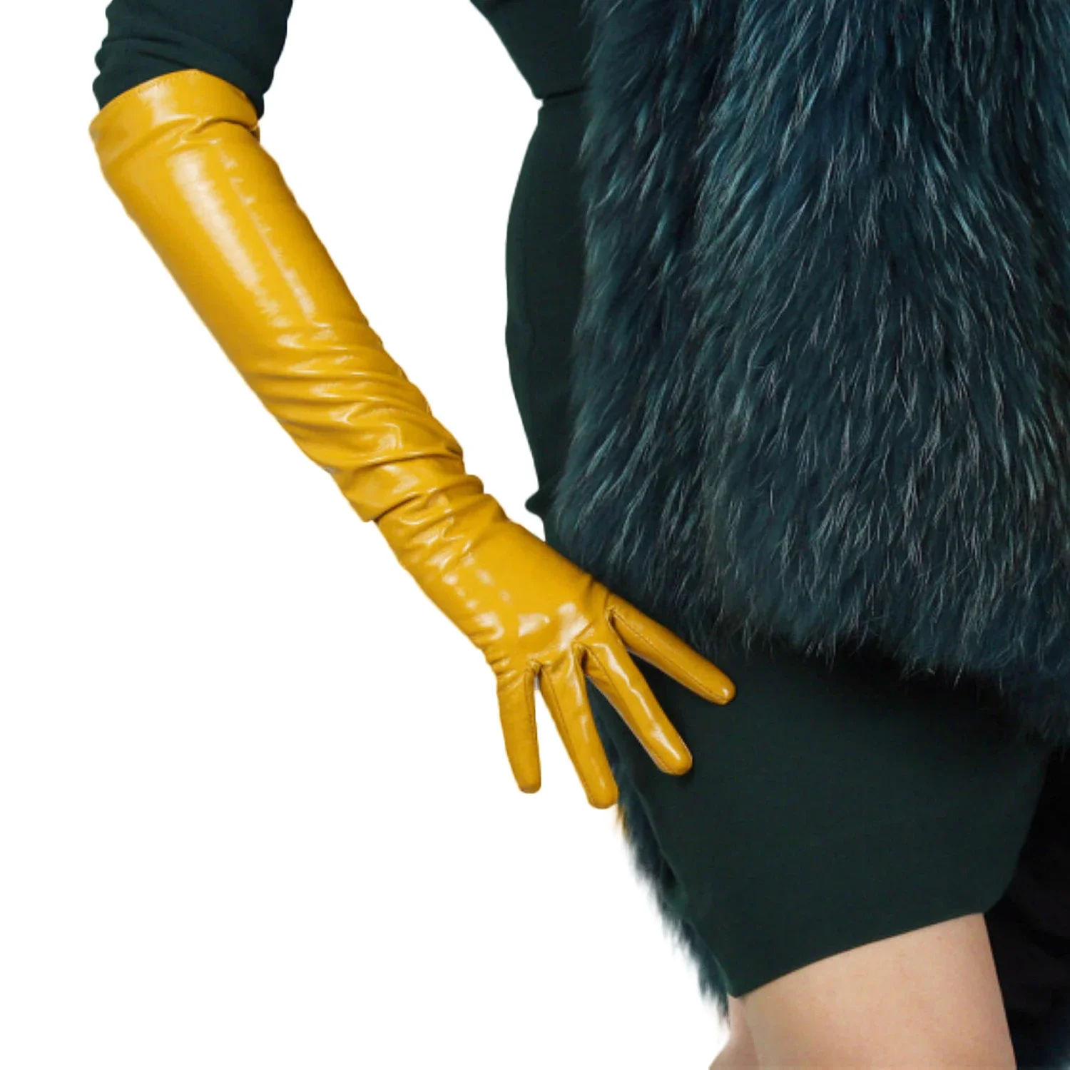 

DooWay Women's Long Leather Yellow GLOVES Shine Latex Faux Patent PU Opera Evening Party Dressing Cosplay Fashion Costume Glove