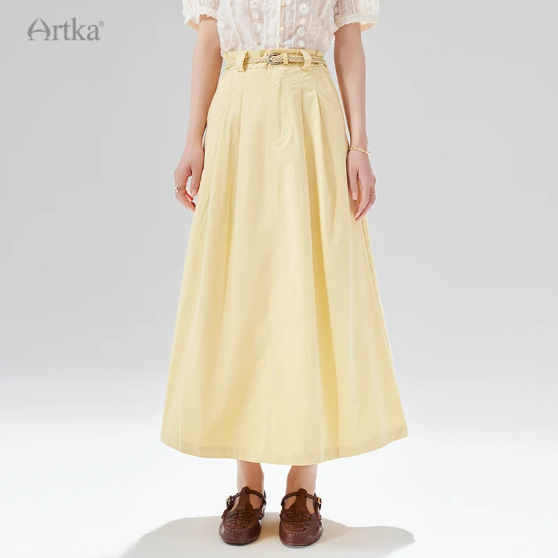 

ARTKA 2023 Summer New Women Skirt 100% Cotton Elegant A-Line Skirts With Pocket Elastic High Waist Long Skirt With Belt QA92038X