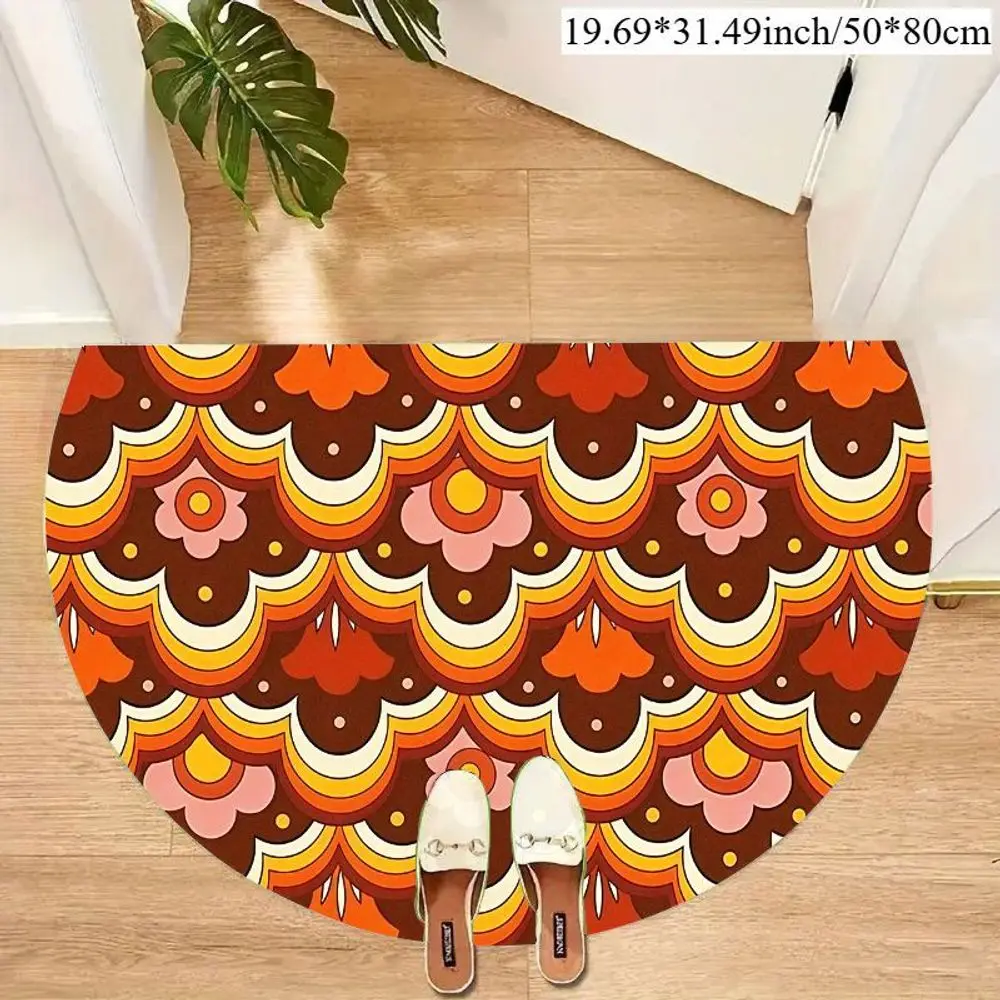 70s Brown Orange Layered Floral Wave Geometric Non Slip Semicircle Doormat Retro Mid Century Kitchen Half Circle Decor Mat