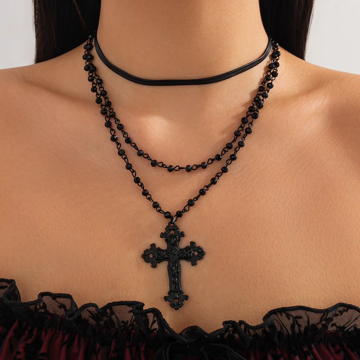 KunJoe Gothic Jesus Big Cross Pendant Necklace for Women Vintage Multilayer Black Bead Chain Necklace Y2K Accessories Jewelry