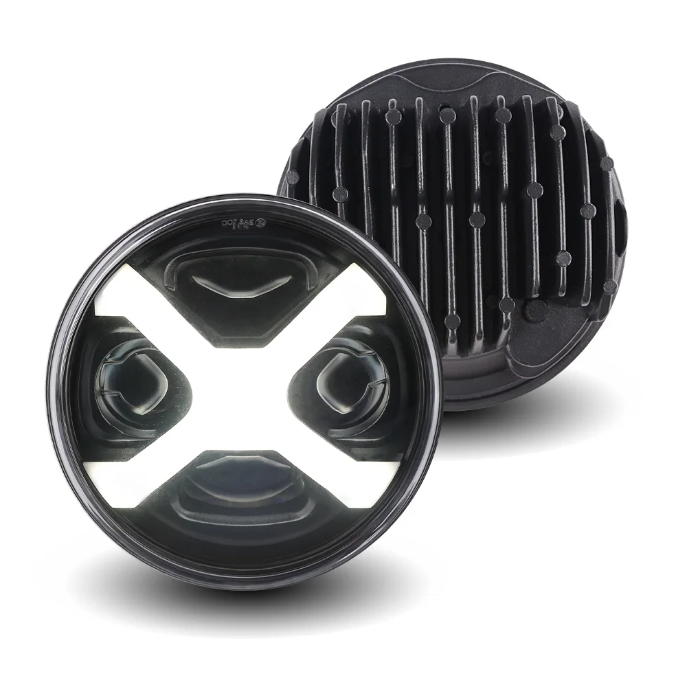 5-3/4 Inch Round X Shape LED Headlamp, High Low Beam Waterproof Head Light Fit Harley Sportster Dyna Series Motorcycles