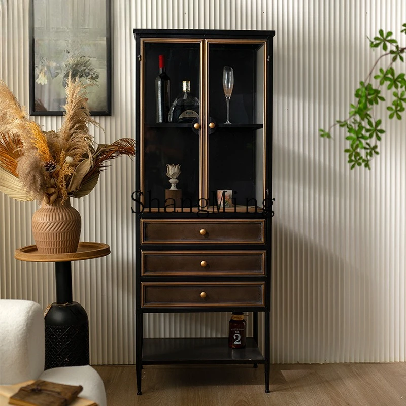 ZYY خزانة زجاجية فاخرة خفيفة على طراز وابي سابي لغرفة المعيشة خزانة عرض حرفية على الطراز الصناعي خزانة تخزين متعددة الأدراج #3