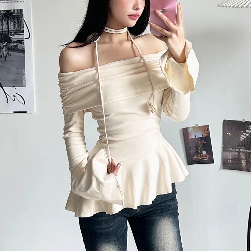 Nibber Solid Color Rose Elegant Gentle Feminine Mature All-Match Temperament Women\'S Thin Irregular Ruffled Off-Shoulder Top