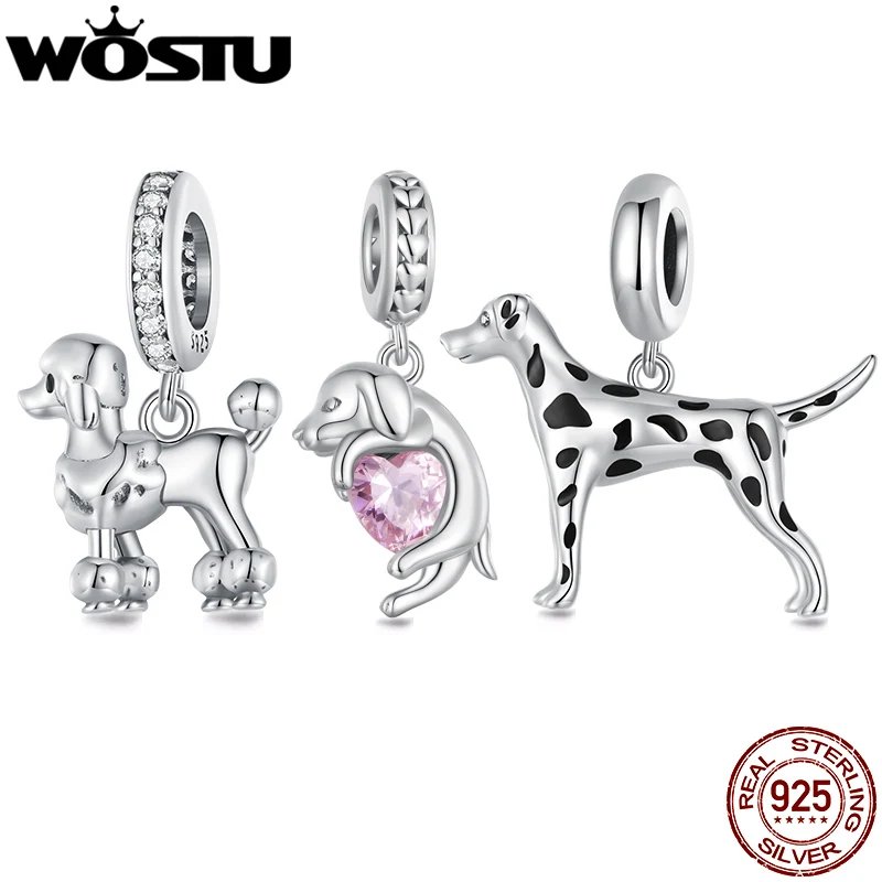 

WOSTU Pet Pendant 925 Sterling Silver Bulldog Animal Beads Poodle Dalmatian Charms Fit Women Bracelet DIY Necklace Birthday Gift