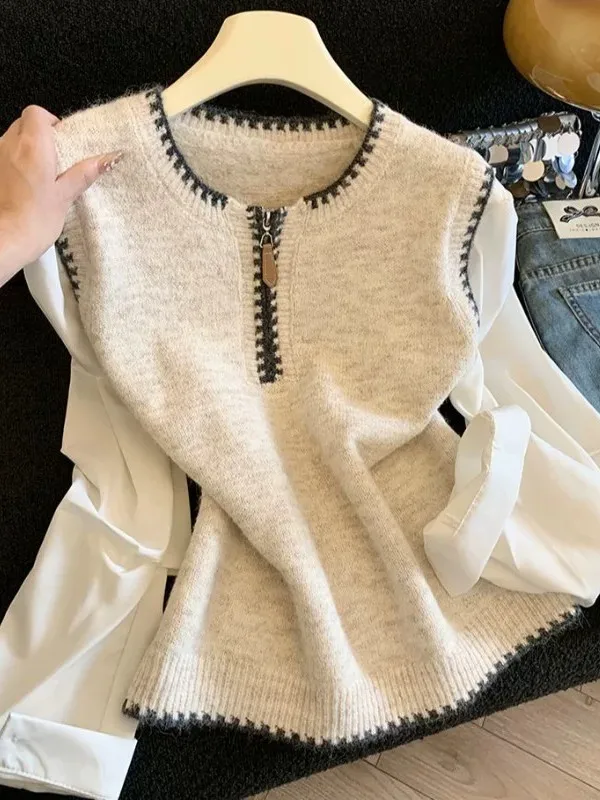 Large Size Soft Style Color Block Half Zipper Knitted Shirt Sleeve Women's Autumn Winter Fashion Overhead Sweater Casual Style