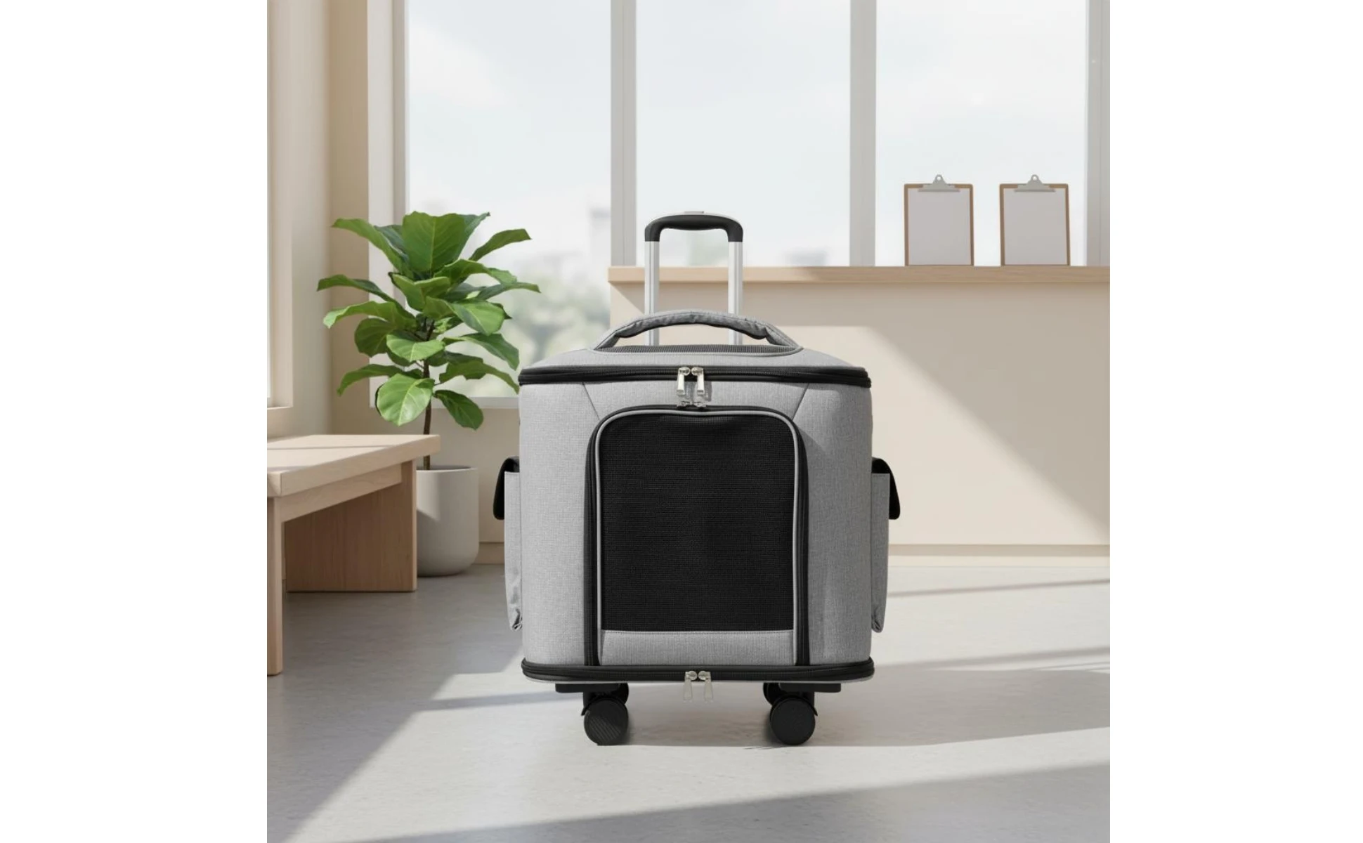 Rolling Pet Carrier Quiet Wheels Feline Carrier Suitcase Feline Travel Bag Large Capacity Portable for Outdoor