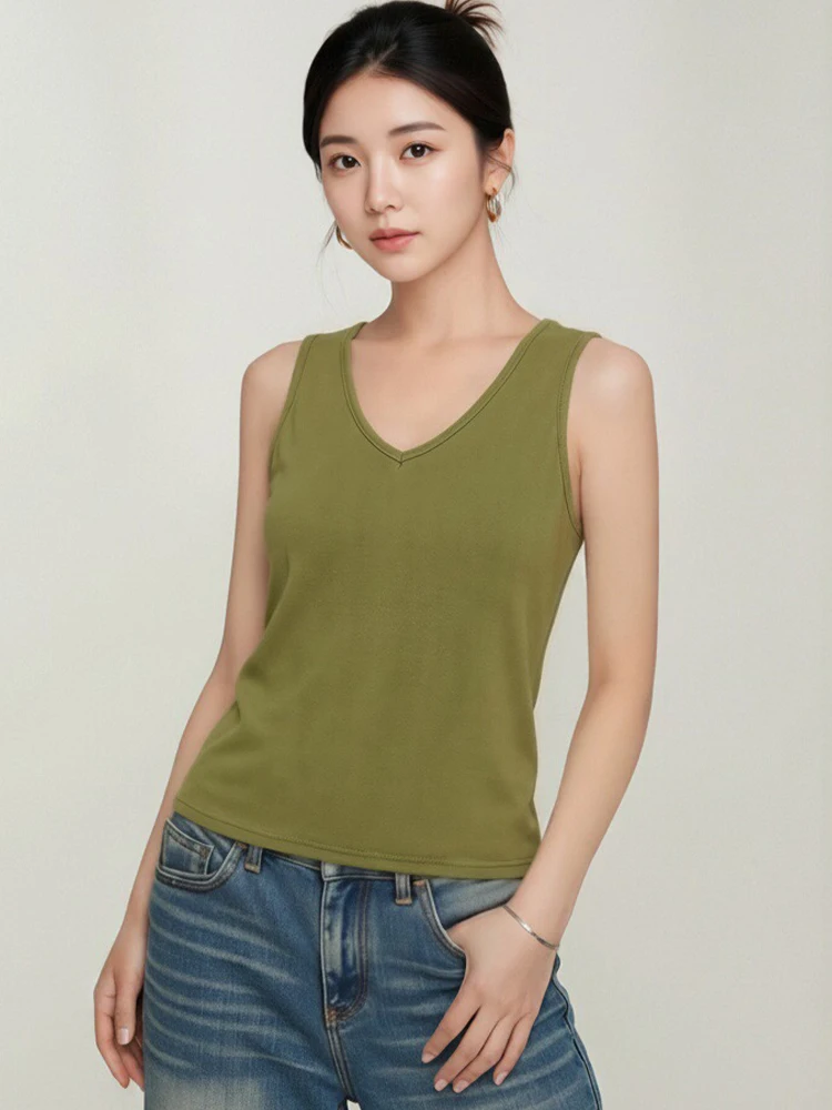 Loose Modal  Color V-Neck Tank Top Sleeveless Casual Women's T-Shirt Large Size Base Shirt Outdoor Wear July Deer Brand
