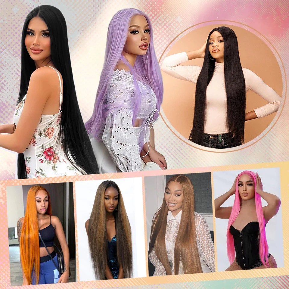 Burgundy 40 Inch Super Long Straight Lace Front Wig 13x4x1 Black Synthetic T-Part Heat Resistant Fibe Lace Wig for Fashion Women