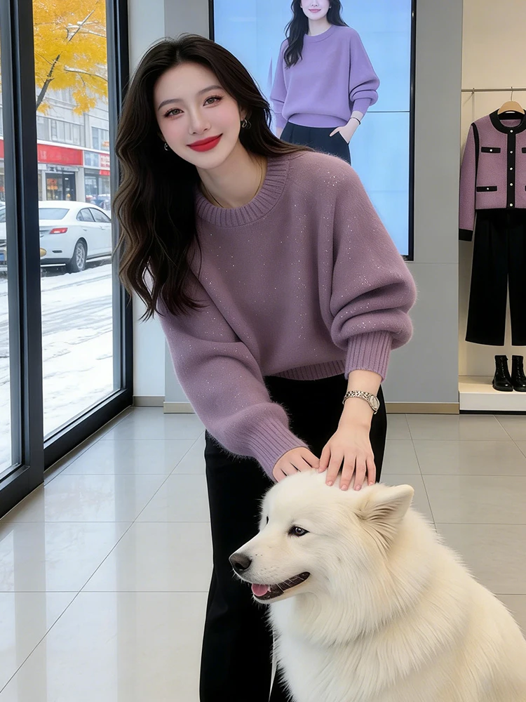 

Ele round Ne Sequin Knit Sweater Women's Faion Winter Loose Fit Comfortable Breathable High-End Chic Sle Top