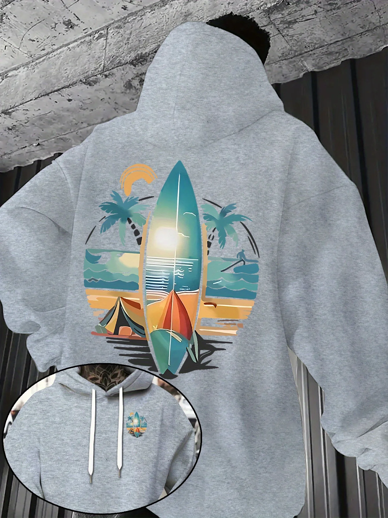 New Autumn/winter Men's Hooded Sweatshirt with Surfboard and Beach Print Loose Fit Stylish Street Style Comfortable Fit Hoodies
