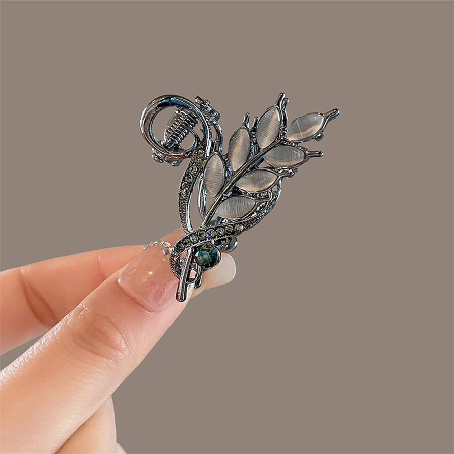 New Fashion Alloy Rhinestone Hair Clips For Girl Women Black Opal Leaves Elegant Shining Grab Clip Hair Decoration Bangs Clip