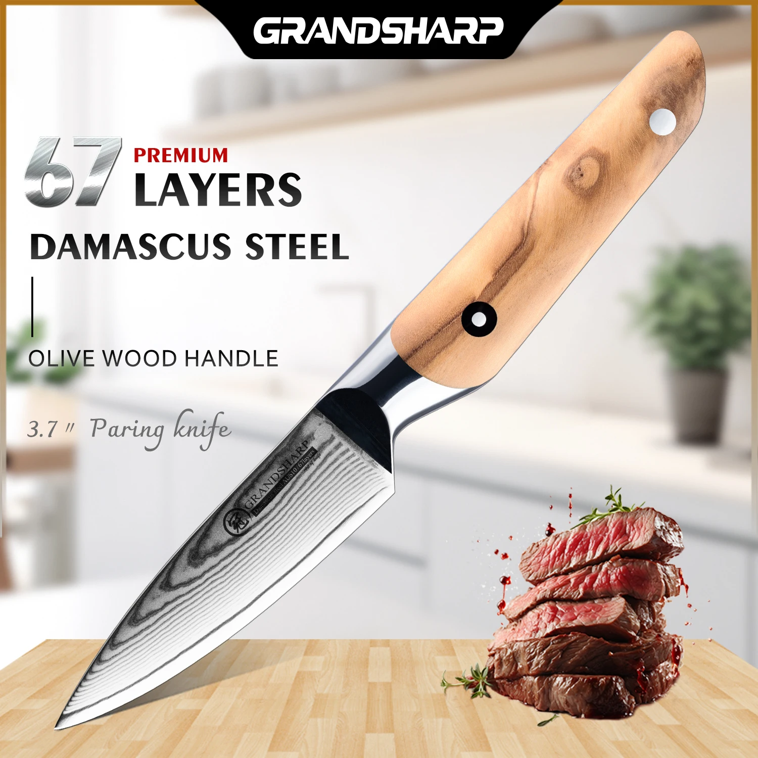 Grandsharp 3.7''Japanese Kitchen Paring Knife Damascus Professional Chef Knife Peeling Paring Fruit Vegetable Meat Cooking Tool