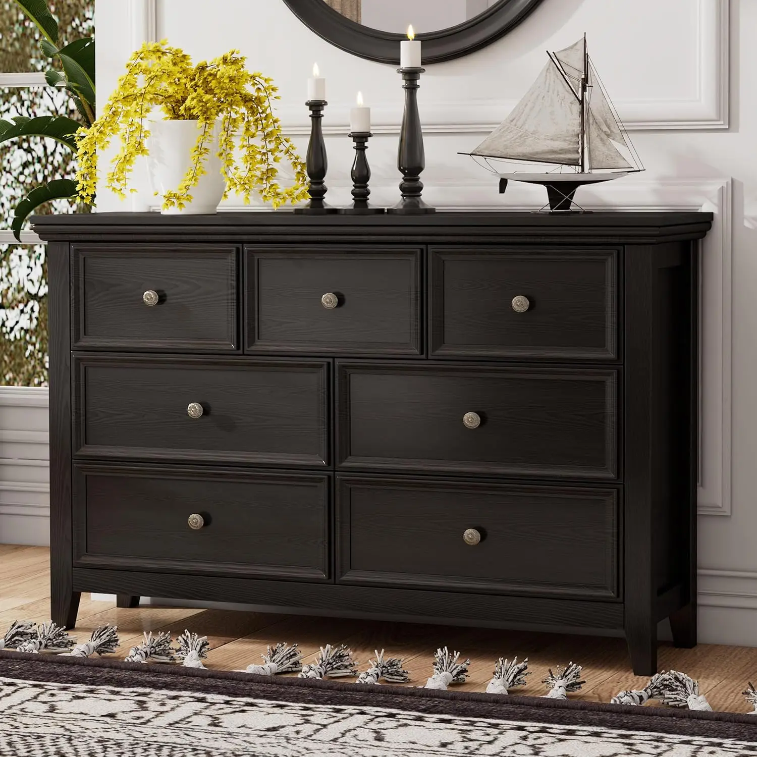 Black Dresser, Modern Dresser for Bedroom, 7 Chest Drawer Nightstand, Large Capacity Wood Cabinet for Bedroom, Living Room, Clos