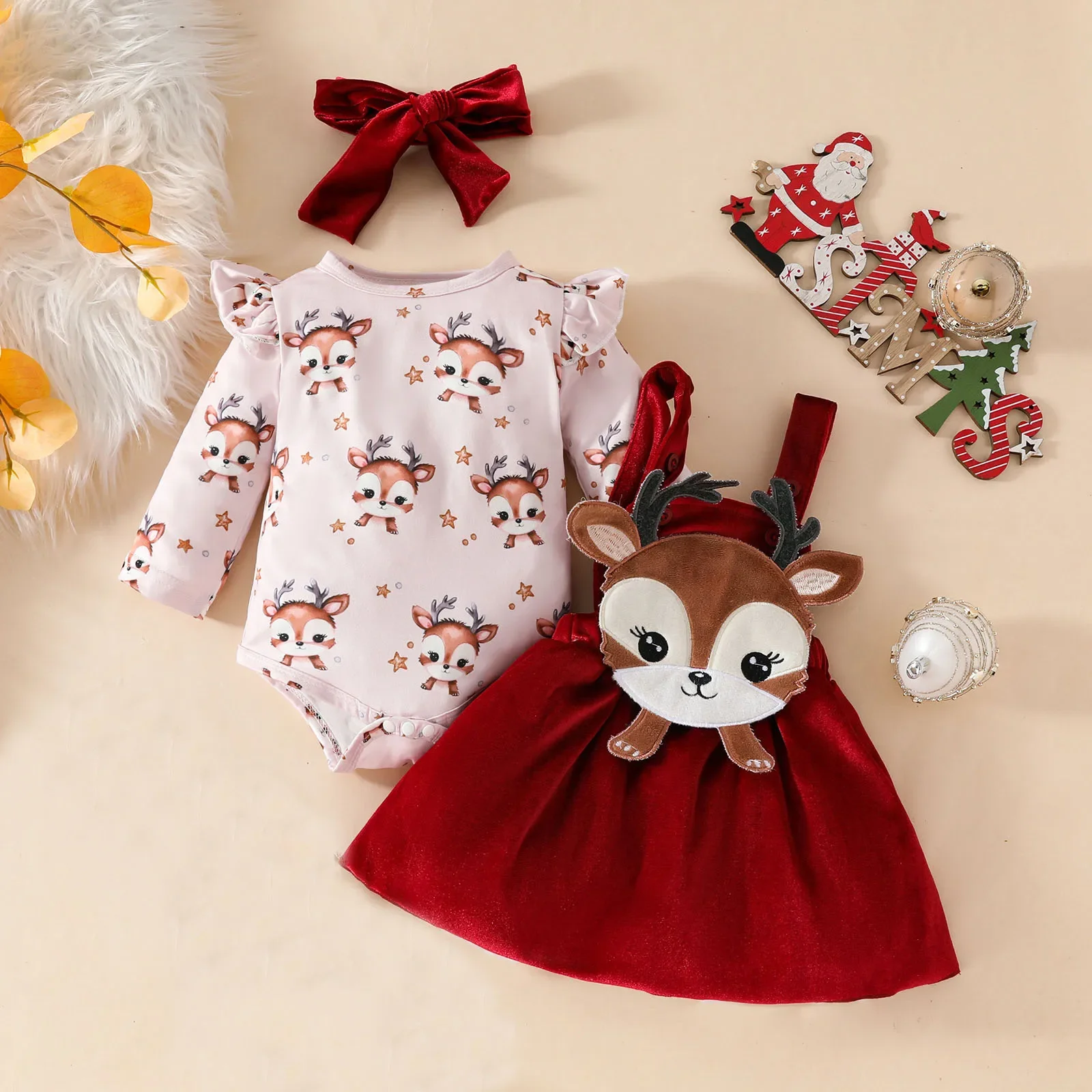 

3pcs Christmas Baby girl Outfit Cute Cartoon All over Print Bodysuit Fawn Applique Solid Suspender Dress Sets with Headband