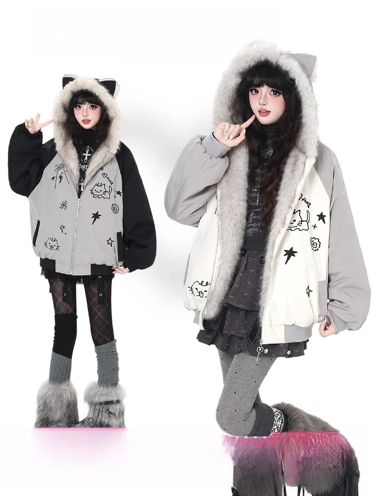 

Original Design Ear Cotton Jaet Women's Winter Coat Embroidered Cotton Blend Long Sve Hooded Zipper Closure