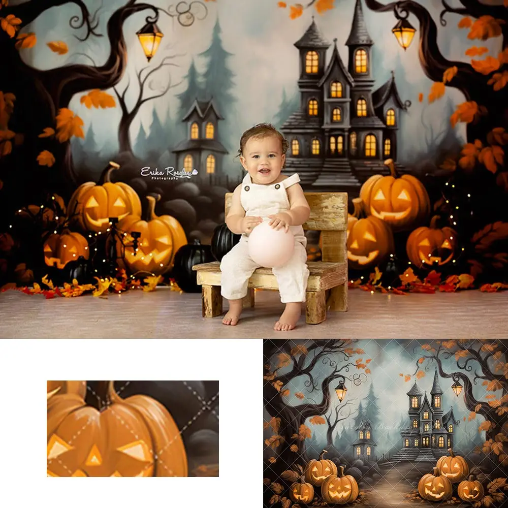 

Halloween Haunted Mansion Backdrop Castle and Pumpkin Lantern Baby Kids Portrait Family Party Photocall Photograhy Background