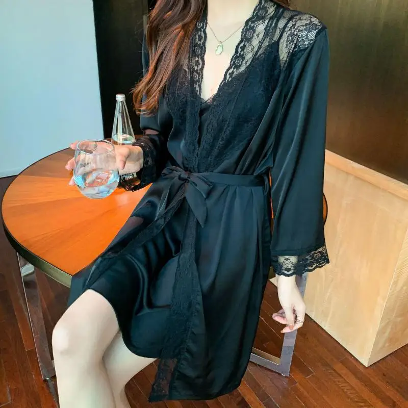 

Satin Lace Patchwork Nightgown Kimono Robe Set Female Nightwear Perspective Bathrobe Gown Intimate Lingerie Short Home Clothing