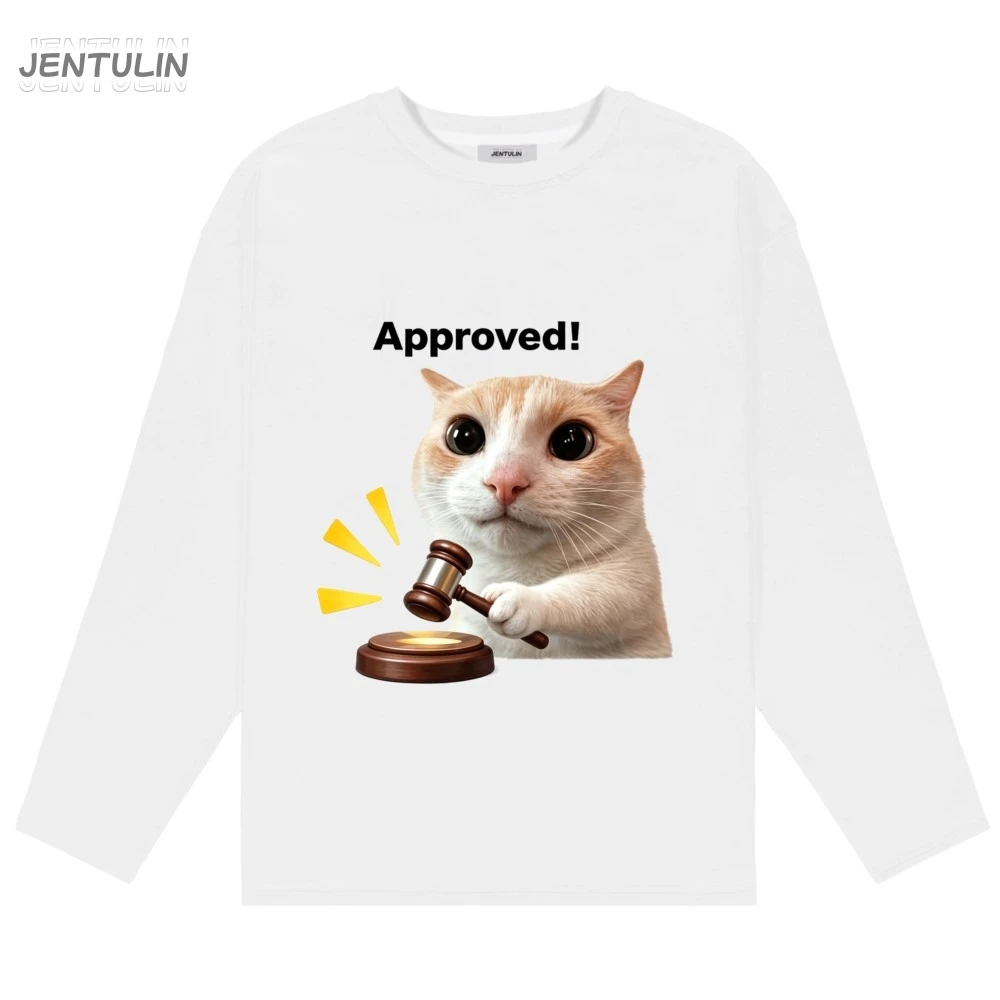 Unisex Long Sleeve T Shirt Approved Cat Meme Graphic Top Funny Judge Cat Print Oversized Crew Neck Streetwear Long Sleeve Tee