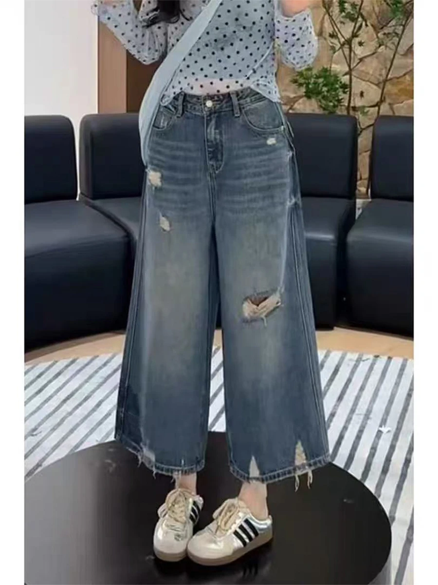 

High Waist Wide Leg Jeans Women's Summer Slimming Straight Cut Torn Denim Pants plus Size Vintage Eighteen Inches