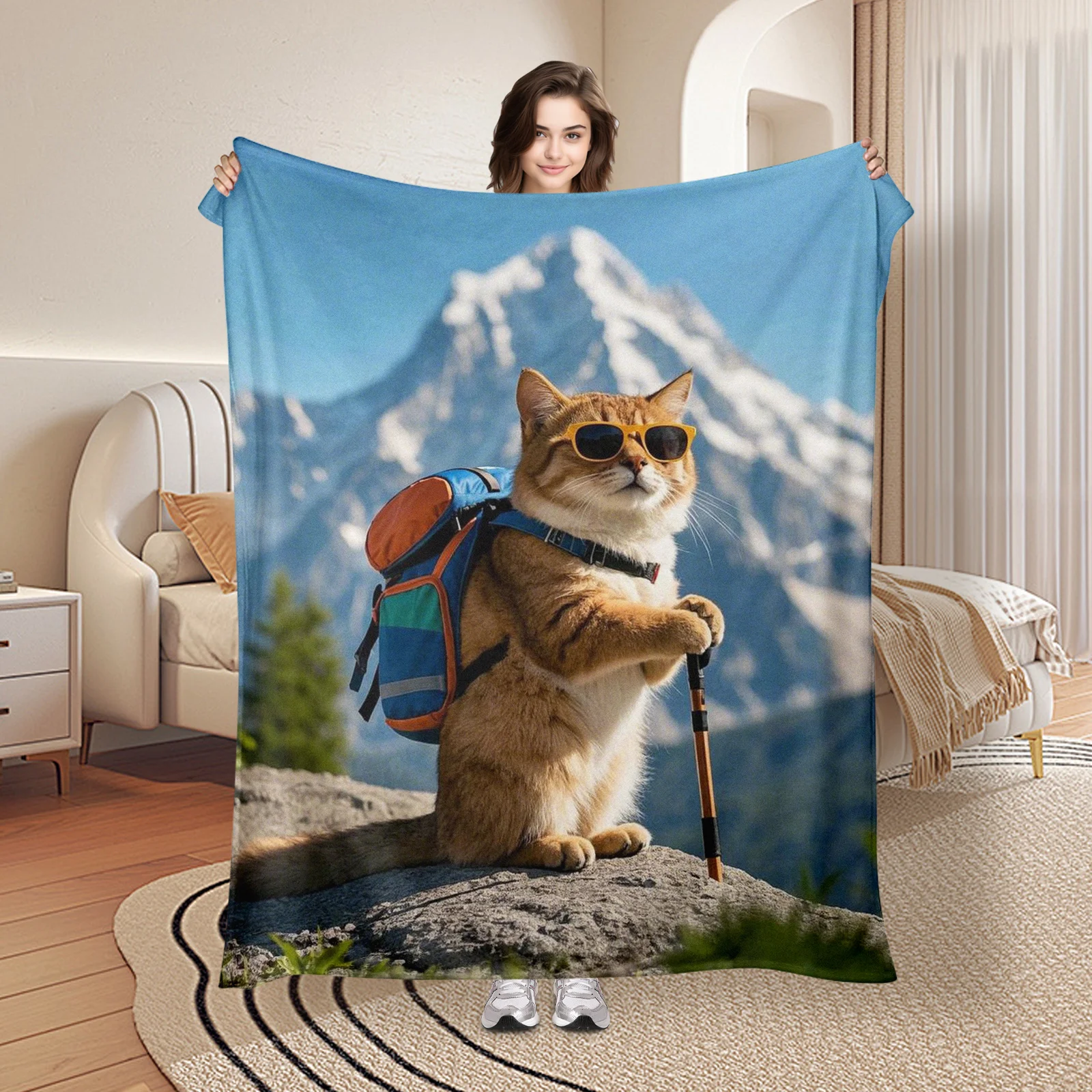 

Hiking Cat Mountain Climb Blanket With Backpack Design For Outdoor Enthusiasts And Camping Adventures In Nature