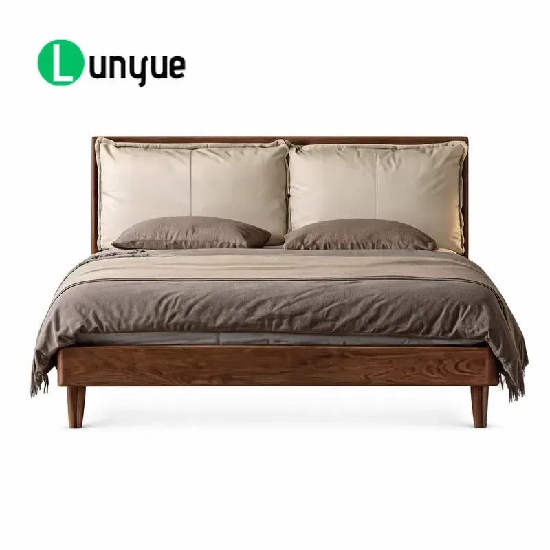 Modern Cloud Bed with Pillows Soft Leather Headboard American Black Walnut Frame Master Bedroom Deck Bed Stylish Comfortable