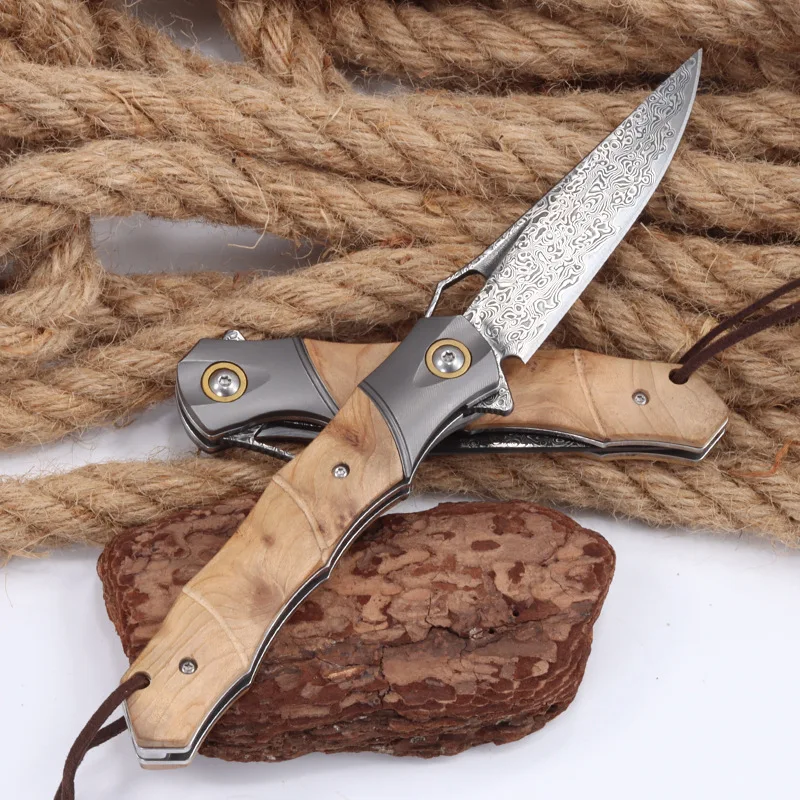 New Bamboo Damascus Steel Folding Knife High Hardness Sharp Outdoor Knife Fruit Small Knife