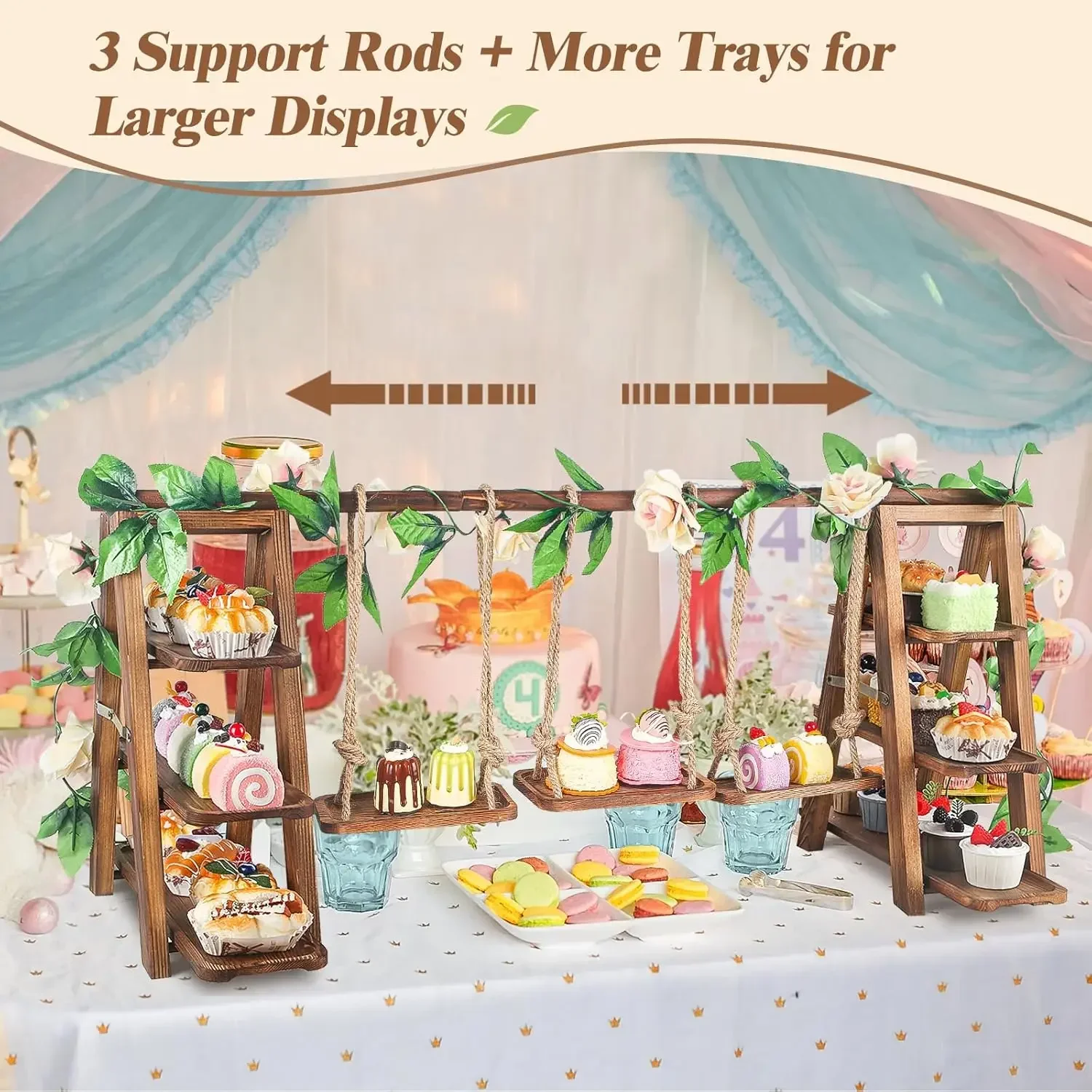 Upgraded Large Wooden 3 Tier Swing Cupcake Stand with Flower Decor, Removable Trays, Foldable Ladder Display for Cake, Snacks, F