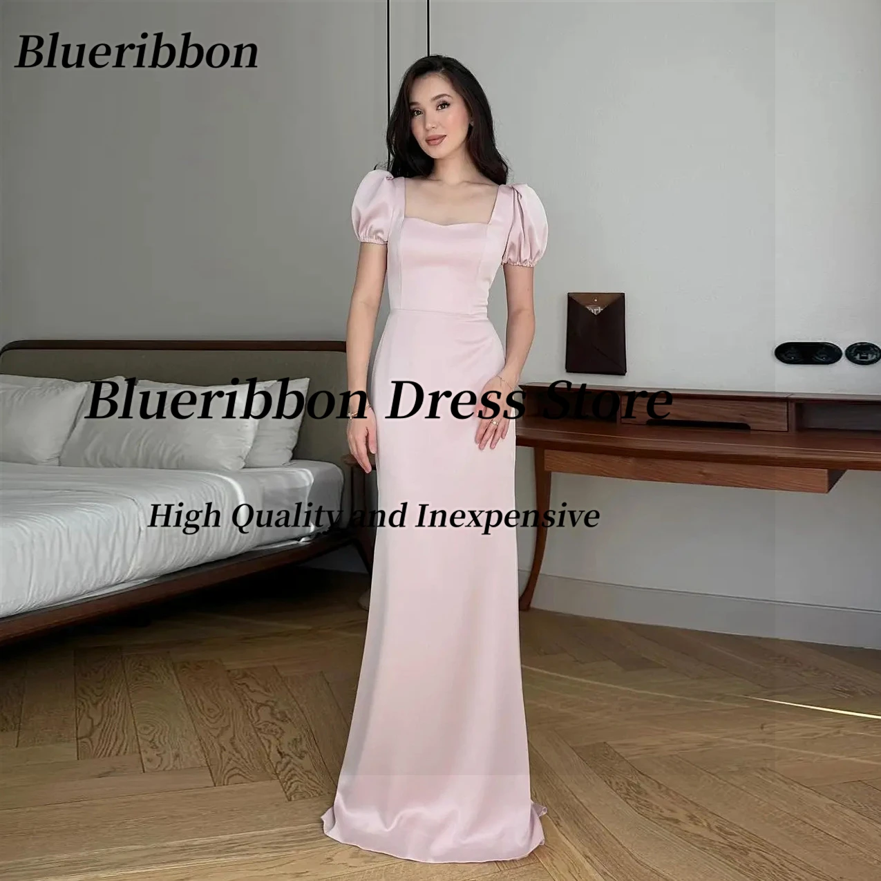 Blueribbon Square Neck Prom Dresses Short Sleeves Detachable Sash Evening Gowns Customized Lace Up Back платье женское вечернее