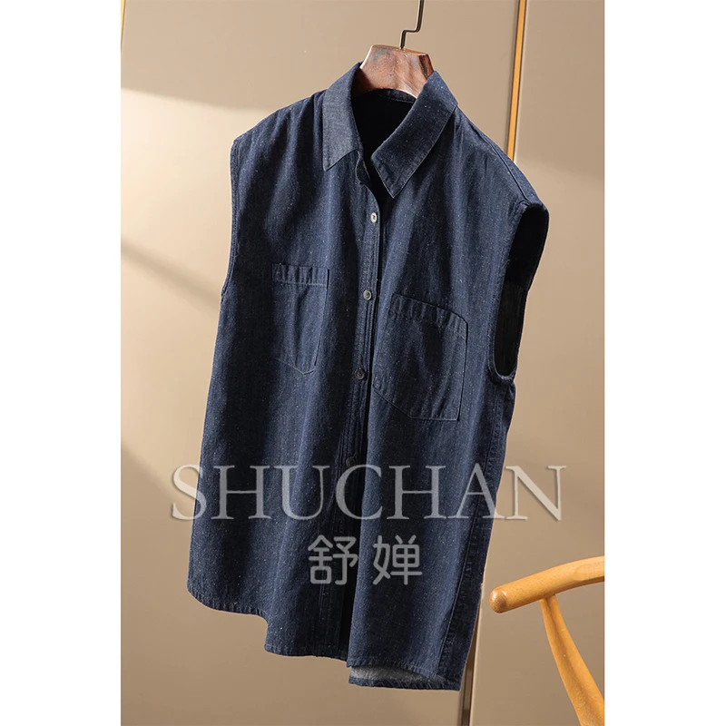 French  High-quality Yarn-dyed Linen + Cotton Arc Pendulum Sleeveless Shirt Women's 1Y47 Women Tops Blusas Mujer
