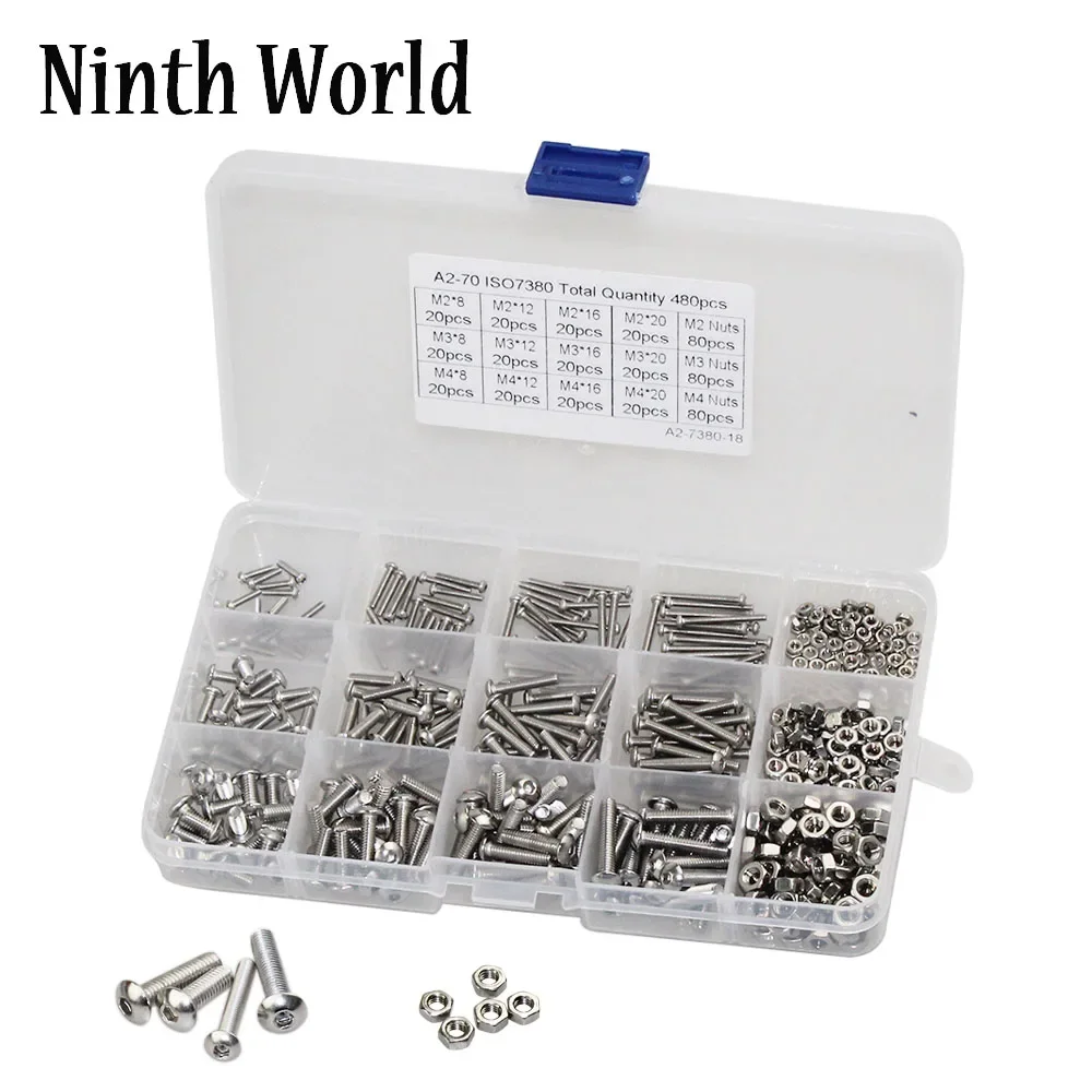 480pcs/set M2 M3 M4 Button Head Hex Socket Screw Bolt Nut Stainless Steel SS304 Screws Nuts Assortment Kit Fastener Hardware