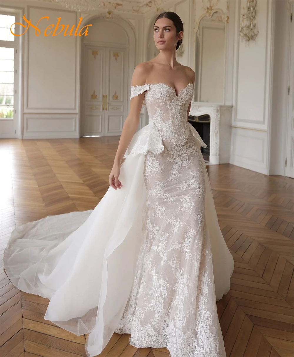 Customized Boho White Organza Wedding Dress Sexy Sweetheart Off the Shoulder Robe de mariée Soft Mermaid Court Train Bridal Gown