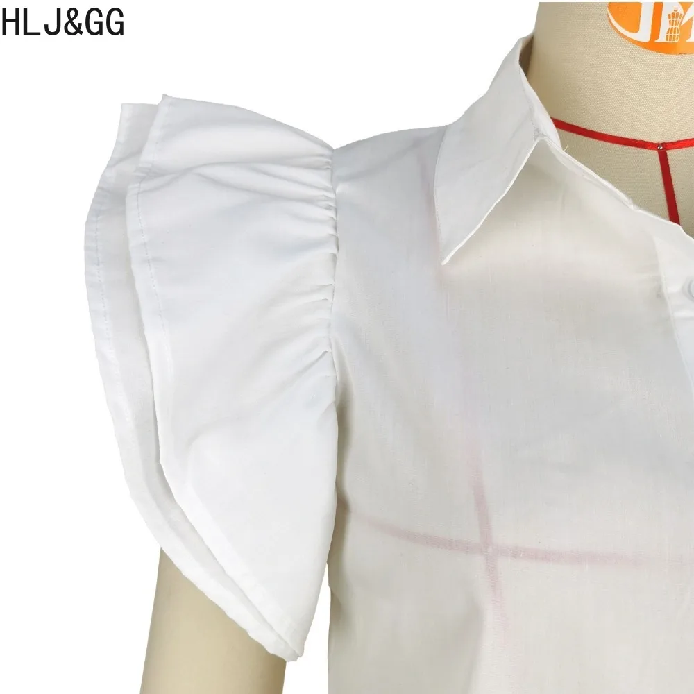 HLJ&GG Summer New Solid Color Ruffle Short Sleeve Shirts Women Turndown Collar Button Slim Tops Fashion Female Matching Clothing