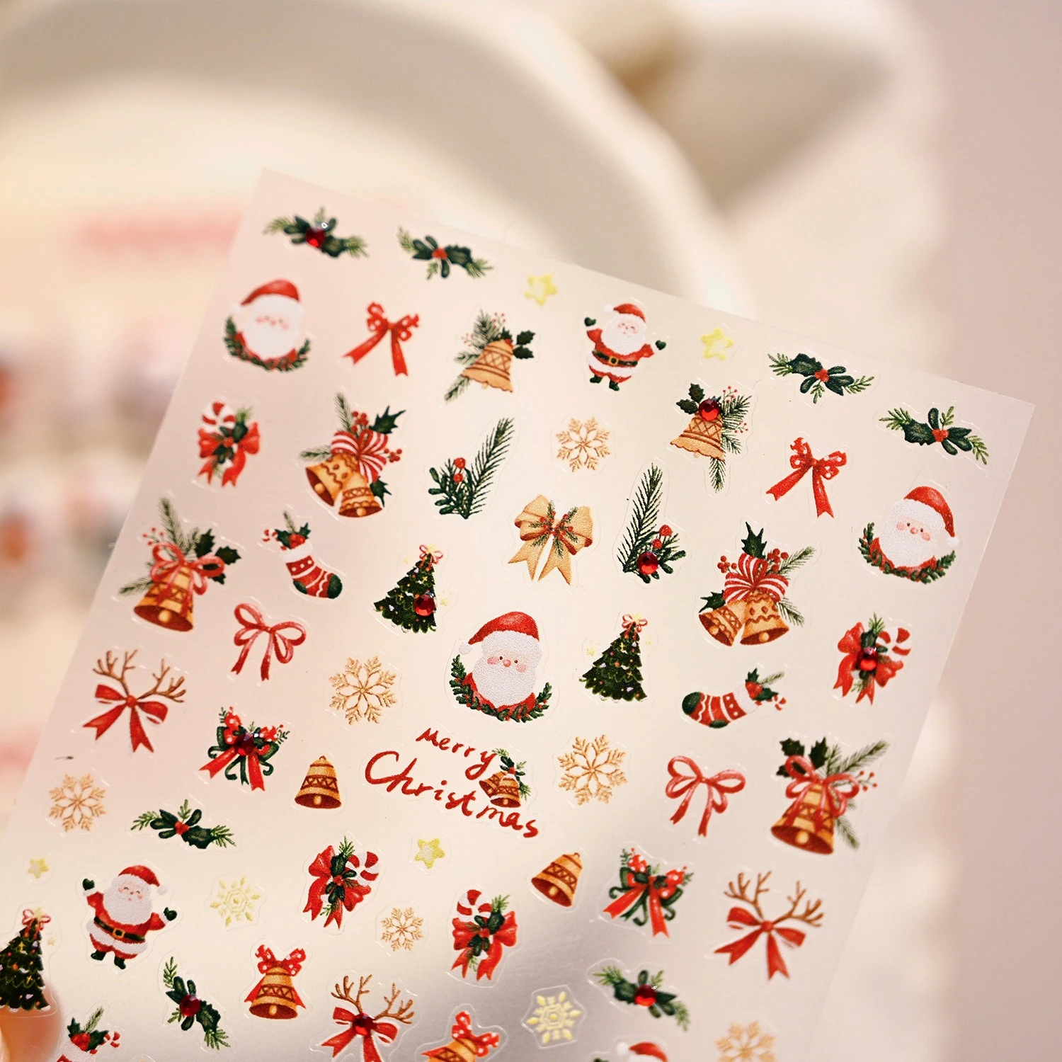 Red Rhinestone Cute Santa Claus Christmas Tree Snowflake Candy Canes Jingle Bells Bows 3D Nail Art Stickers Xmas Manicure Decals