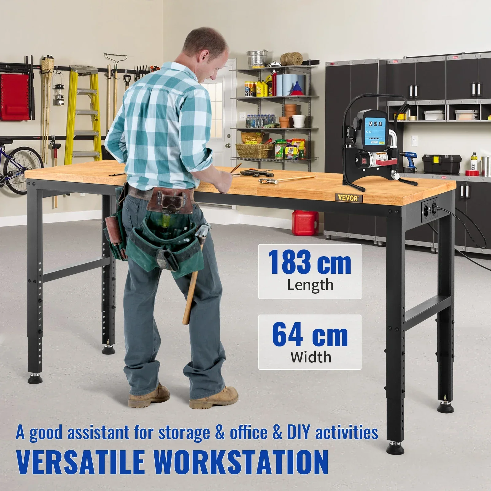 Vevor Heavy-Duty Workbench 72cm Adjustable Height Oak Wood Hardwood Top Work Table 900KG Load Capacity for Office Home Workshop